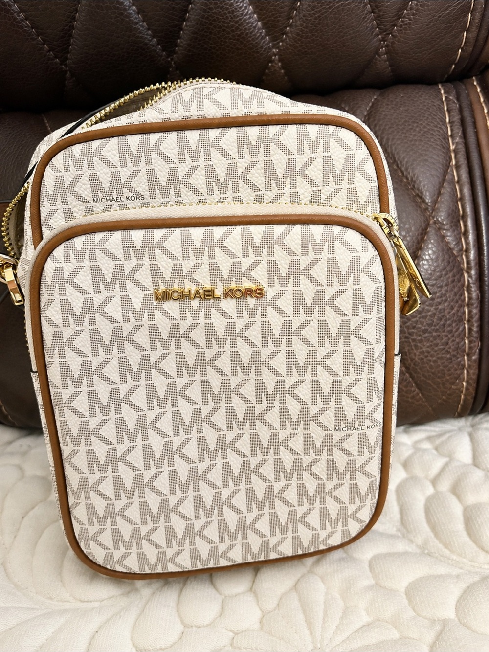 Michael Kors Beige Logo Belt Bag with Brown Trim and Gold Hardware